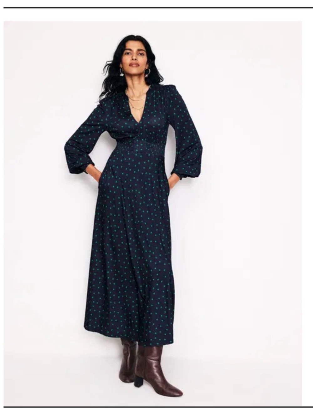 Boden Ivy Smocked Midi Dress, Navy Sparse Spot NWT - Picture 7 of 9